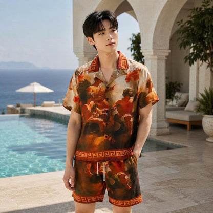 Set Áo Sơ Mi Và Quần Short Lụa Họa Tiết SMRBO-13 BEAVERTEE Form Oversize Unisex Nam Nữ, Thiết Kế Tranh Nghệ Thuật Cổ Điển Tone Nâu Đỏ Sang Trọng, Lụa Mềm Mịn Nhẹ Thoáng Mát