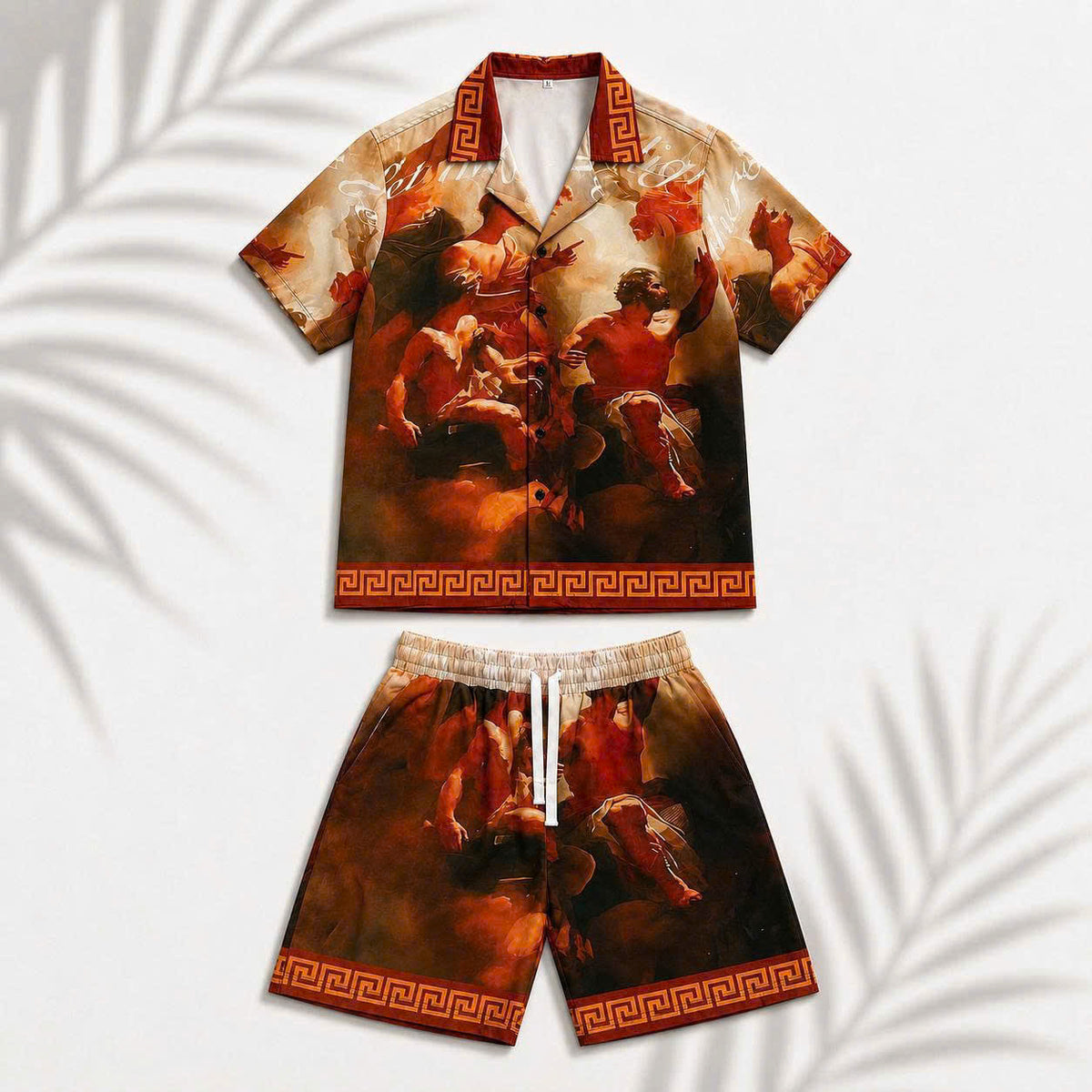Set Áo Sơ Mi Và Quần Short Lụa Họa Tiết SMRBO-13 BEAVERTEE Form Oversize Unisex Nam Nữ, Thiết Kế Tranh Nghệ Thuật Cổ Điển Tone Nâu Đỏ Sang Trọng, Lụa Mềm Mịn Nhẹ Thoáng Mát