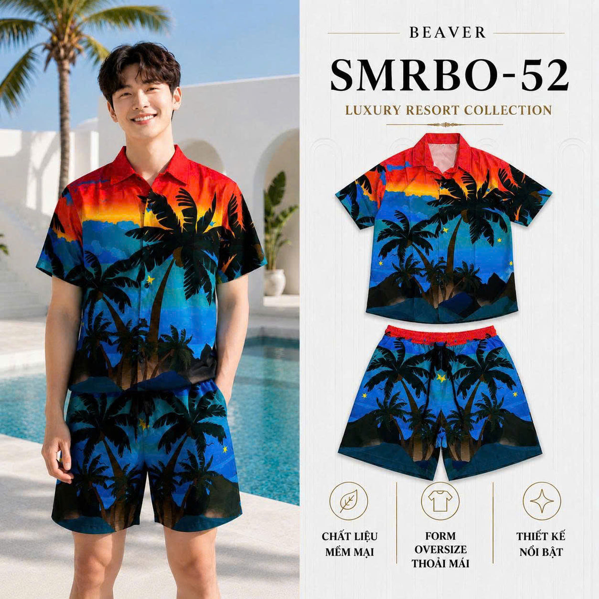 Set Áo Sơ Mi Và Quần Short Lụa Họa Tiết SMRBO-52 BEAVERTEE Form Oversize Unisex Nam Nữ, Thiết Kế Hoàng Hôn Nhiệt Đới Cây Dừa Đỏ Xanh Nổi Bật, Phong Cách Resort Mùa Hè, Lụa Mềm Mịn Nhẹ Thoáng Mát