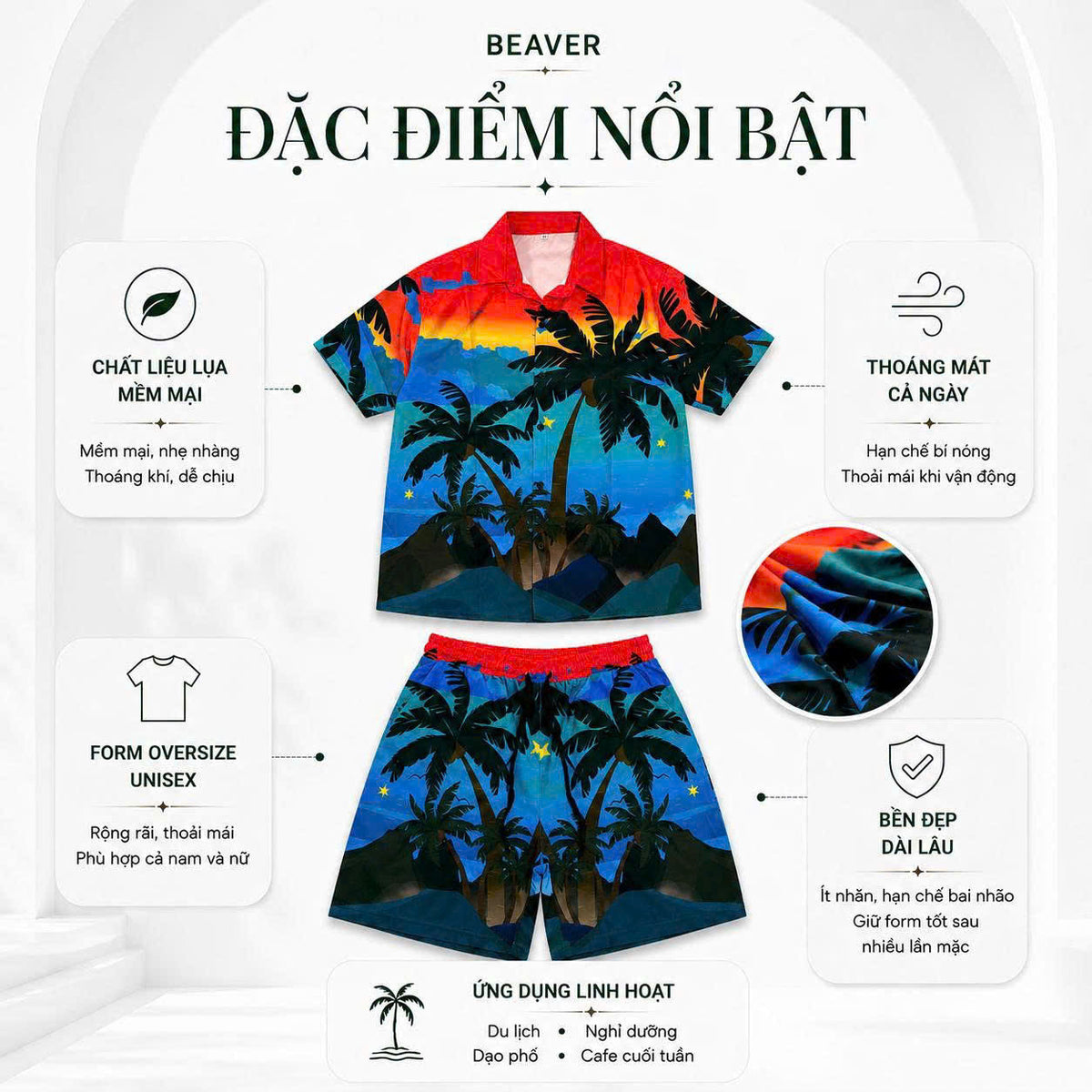Set Áo Sơ Mi Và Quần Short Lụa Họa Tiết SMRBO-52 BEAVERTEE Form Oversize Unisex Nam Nữ, Thiết Kế Hoàng Hôn Nhiệt Đới Cây Dừa Đỏ Xanh Nổi Bật, Phong Cách Resort Mùa Hè, Lụa Mềm Mịn Nhẹ Thoáng Mát