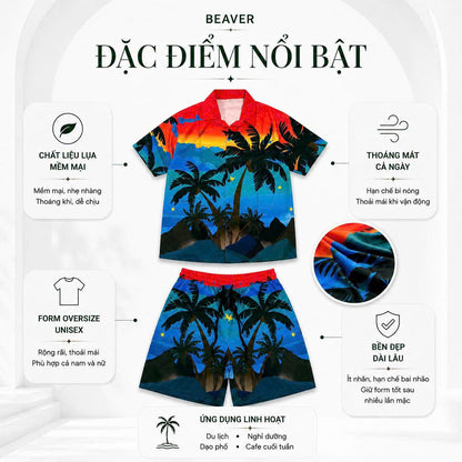 Set Áo Sơ Mi Và Quần Short Lụa Họa Tiết SMRBO-52 BEAVERTEE Form Oversize Unisex Nam Nữ, Thiết Kế Hoàng Hôn Nhiệt Đới Cây Dừa Đỏ Xanh Nổi Bật, Phong Cách Resort Mùa Hè, Lụa Mềm Mịn Nhẹ Thoáng Mát