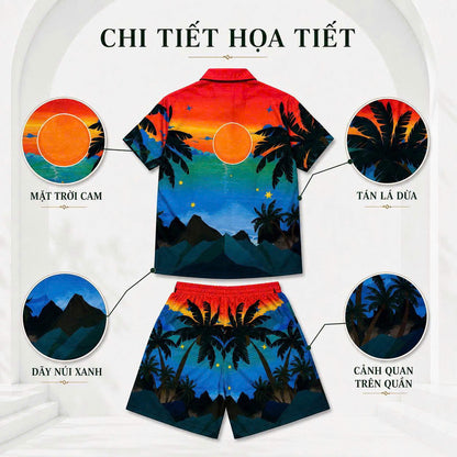 Set Áo Sơ Mi Và Quần Short Lụa Họa Tiết SMRBO-52 BEAVERTEE Form Oversize Unisex Nam Nữ, Thiết Kế Hoàng Hôn Nhiệt Đới Cây Dừa Đỏ Xanh Nổi Bật, Phong Cách Resort Mùa Hè, Lụa Mềm Mịn Nhẹ Thoáng Mát