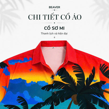 Set Áo Sơ Mi Và Quần Short Lụa Họa Tiết SMRBO-52 BEAVERTEE Form Oversize Unisex Nam Nữ, Thiết Kế Hoàng Hôn Nhiệt Đới Cây Dừa Đỏ Xanh Nổi Bật, Phong Cách Resort Mùa Hè, Lụa Mềm Mịn Nhẹ Thoáng Mát