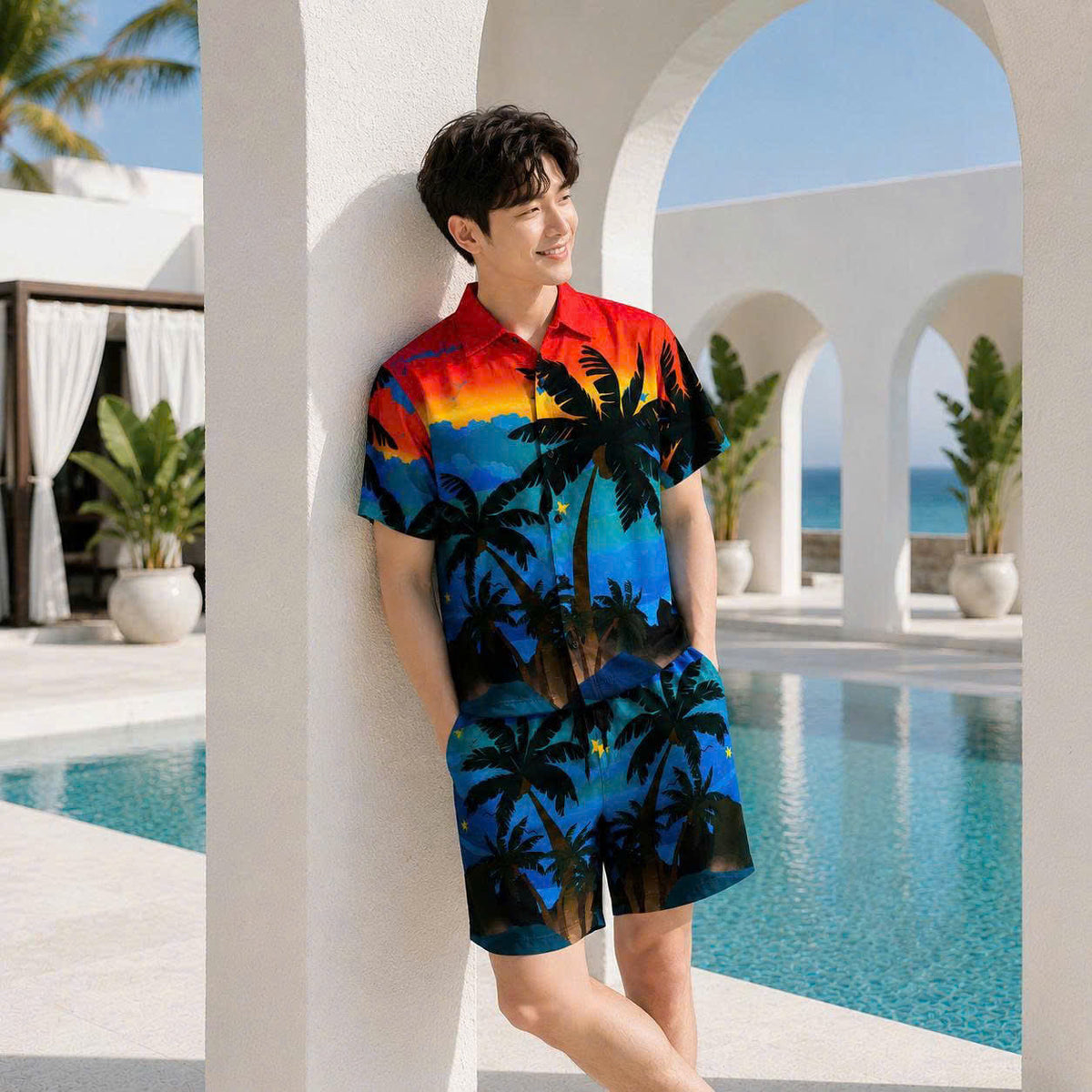 Set Áo Sơ Mi Và Quần Short Lụa Họa Tiết SMRBO-52 BEAVERTEE Form Oversize Unisex Nam Nữ, Thiết Kế Hoàng Hôn Nhiệt Đới Cây Dừa Đỏ Xanh Nổi Bật, Phong Cách Resort Mùa Hè, Lụa Mềm Mịn Nhẹ Thoáng Mát