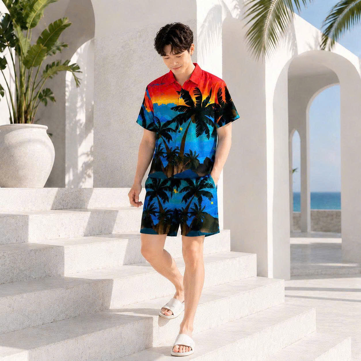 Set Áo Sơ Mi Và Quần Short Lụa Họa Tiết SMRBO-52 BEAVERTEE Form Oversize Unisex Nam Nữ, Thiết Kế Hoàng Hôn Nhiệt Đới Cây Dừa Đỏ Xanh Nổi Bật, Phong Cách Resort Mùa Hè, Lụa Mềm Mịn Nhẹ Thoáng Mát