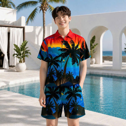 Set Áo Sơ Mi Và Quần Short Lụa Họa Tiết SMRBO-52 BEAVERTEE Form Oversize Unisex Nam Nữ, Thiết Kế Hoàng Hôn Nhiệt Đới Cây Dừa Đỏ Xanh Nổi Bật, Phong Cách Resort Mùa Hè, Lụa Mềm Mịn Nhẹ Thoáng Mát