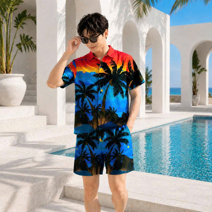 Set Áo Sơ Mi Và Quần Short Lụa Họa Tiết SMRBO-52 BEAVERTEE Form Oversize Unisex Nam Nữ, Thiết Kế Hoàng Hôn Nhiệt Đới Cây Dừa Đỏ Xanh Nổi Bật, Phong Cách Resort Mùa Hè, Lụa Mềm Mịn Nhẹ Thoáng Mát