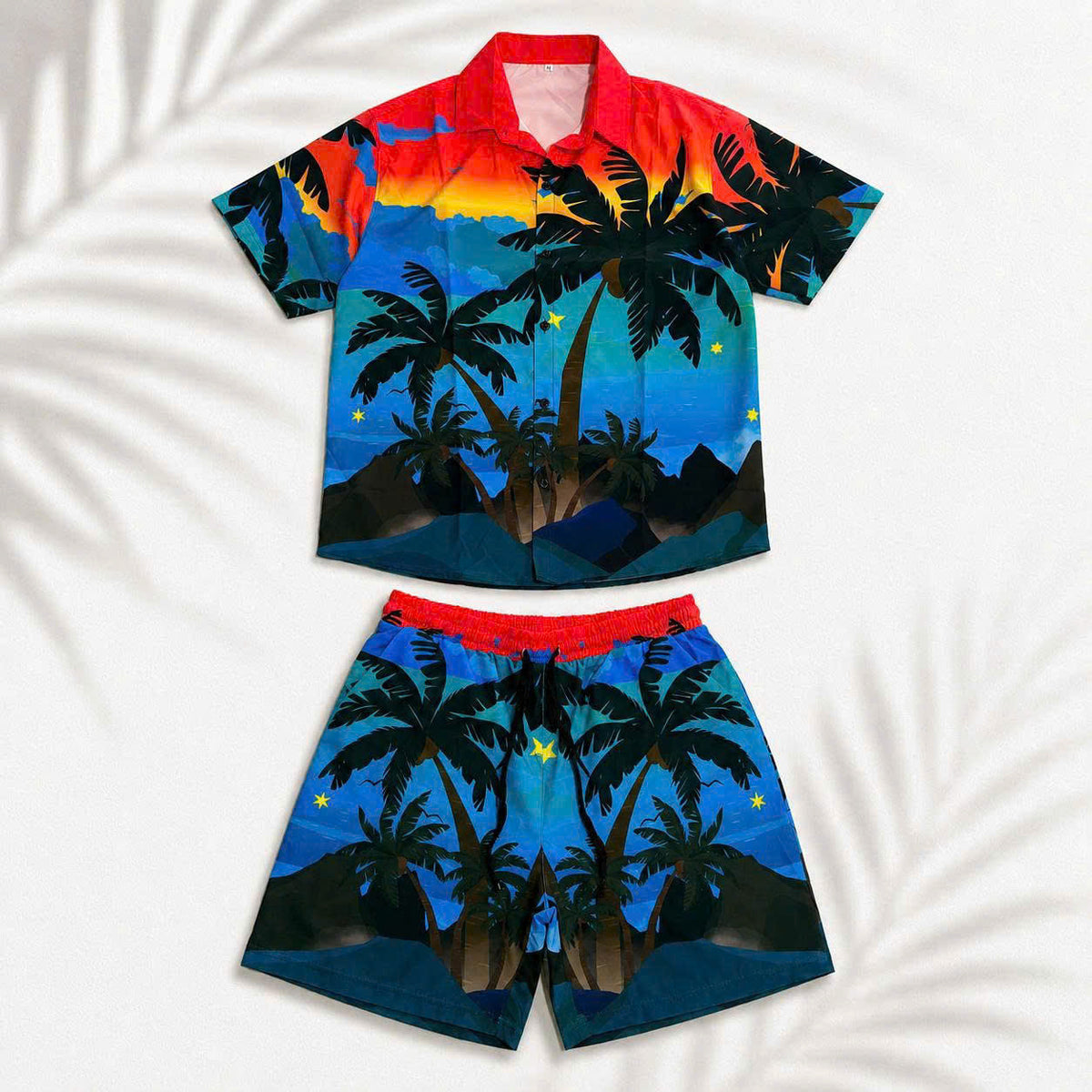 Set Áo Sơ Mi Và Quần Short Lụa Họa Tiết SMRBO-52 BEAVERTEE Form Oversize Unisex Nam Nữ, Thiết Kế Hoàng Hôn Nhiệt Đới Cây Dừa Đỏ Xanh Nổi Bật, Phong Cách Resort Mùa Hè, Lụa Mềm Mịn Nhẹ Thoáng Mát