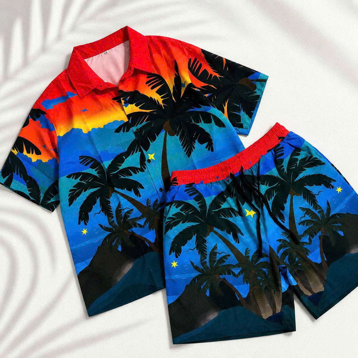 Set Áo Sơ Mi Và Quần Short Lụa Họa Tiết SMRBO-52 BEAVERTEE Form Oversize Unisex Nam Nữ, Thiết Kế Hoàng Hôn Nhiệt Đới Cây Dừa Đỏ Xanh Nổi Bật, Phong Cách Resort Mùa Hè, Lụa Mềm Mịn Nhẹ Thoáng Mát
