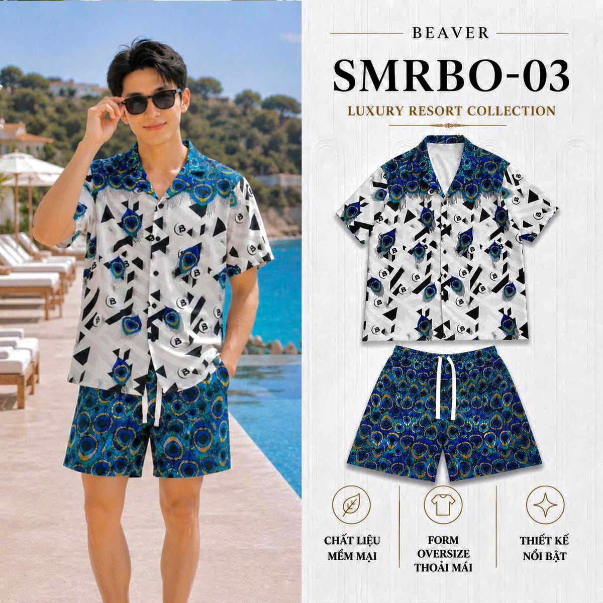 Set Áo Sơ Mi Và Quần Short Lụa Họa Tiết SMRBO-03 BEAVERTEE Form Oversize Unisex Nam Nữ, Thiết Kế Trắng Xanh Đen Họa Tiết Mắt Công Nổi Bật, Lụa Mềm Mịn Nhẹ Thoáng Mát