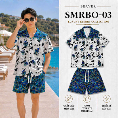 Set Áo Sơ Mi Và Quần Short Lụa Họa Tiết SMRBO-03 BEAVERTEE Form Oversize Unisex Nam Nữ, Thiết Kế Trắng Xanh Đen Họa Tiết Mắt Công Nổi Bật, Lụa Mềm Mịn Nhẹ Thoáng Mát