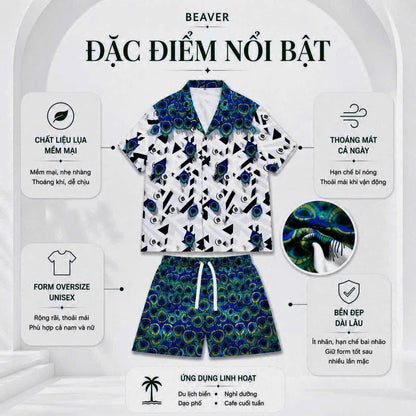 Set Áo Sơ Mi Và Quần Short Lụa Họa Tiết SMRBO-03 BEAVERTEE Form Oversize Unisex Nam Nữ, Thiết Kế Trắng Xanh Đen Họa Tiết Mắt Công Nổi Bật, Lụa Mềm Mịn Nhẹ Thoáng Mát