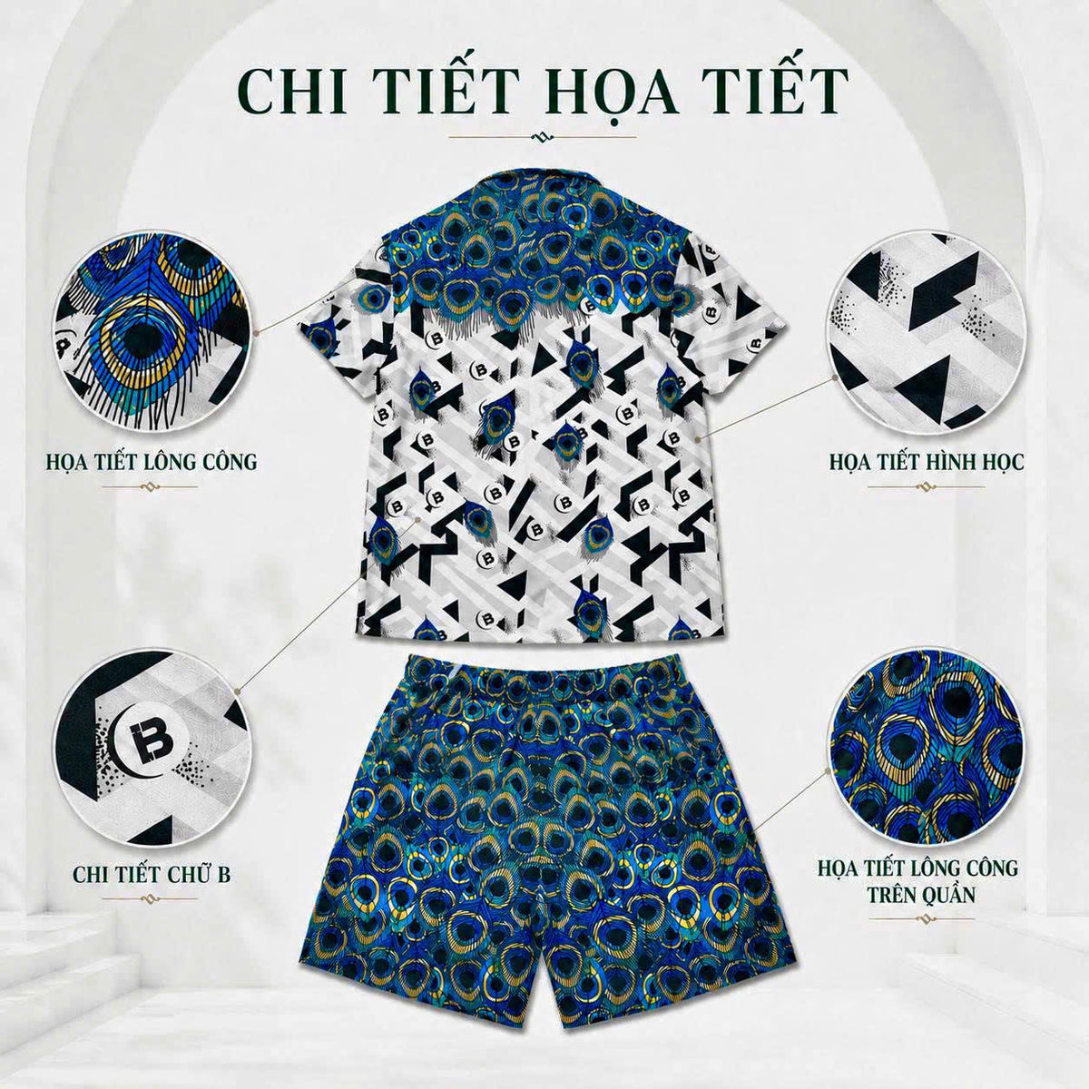 Set Áo Sơ Mi Và Quần Short Lụa Họa Tiết SMRBO-03 BEAVERTEE Form Oversize Unisex Nam Nữ, Thiết Kế Trắng Xanh Đen Họa Tiết Mắt Công Nổi Bật, Lụa Mềm Mịn Nhẹ Thoáng Mát