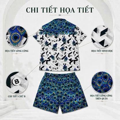 Set Áo Sơ Mi Và Quần Short Lụa Họa Tiết SMRBO-03 BEAVERTEE Form Oversize Unisex Nam Nữ, Thiết Kế Trắng Xanh Đen Họa Tiết Mắt Công Nổi Bật, Lụa Mềm Mịn Nhẹ Thoáng Mát