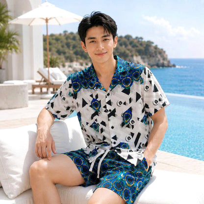 Set Áo Sơ Mi Và Quần Short Lụa Họa Tiết SMRBO-03 BEAVERTEE Form Oversize Unisex Nam Nữ, Thiết Kế Trắng Xanh Đen Họa Tiết Mắt Công Nổi Bật, Lụa Mềm Mịn Nhẹ Thoáng Mát