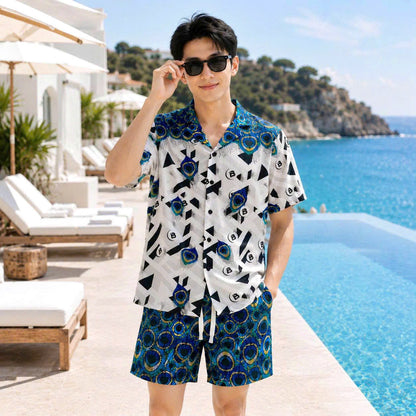 Set Áo Sơ Mi Và Quần Short Lụa Họa Tiết SMRBO-03 BEAVERTEE Form Oversize Unisex Nam Nữ, Thiết Kế Trắng Xanh Đen Họa Tiết Mắt Công Nổi Bật, Lụa Mềm Mịn Nhẹ Thoáng Mát