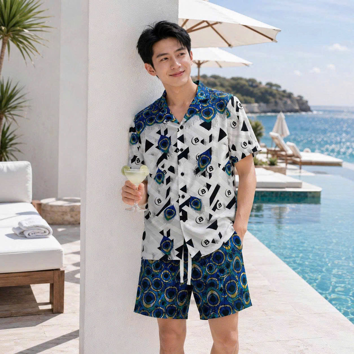 Set Áo Sơ Mi Và Quần Short Lụa Họa Tiết SMRBO-03 BEAVERTEE Form Oversize Unisex Nam Nữ, Thiết Kế Trắng Xanh Đen Họa Tiết Mắt Công Nổi Bật, Lụa Mềm Mịn Nhẹ Thoáng Mát