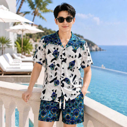 Set Áo Sơ Mi Và Quần Short Lụa Họa Tiết SMRBO-03 BEAVERTEE Form Oversize Unisex Nam Nữ, Thiết Kế Trắng Xanh Đen Họa Tiết Mắt Công Nổi Bật, Lụa Mềm Mịn Nhẹ Thoáng Mát