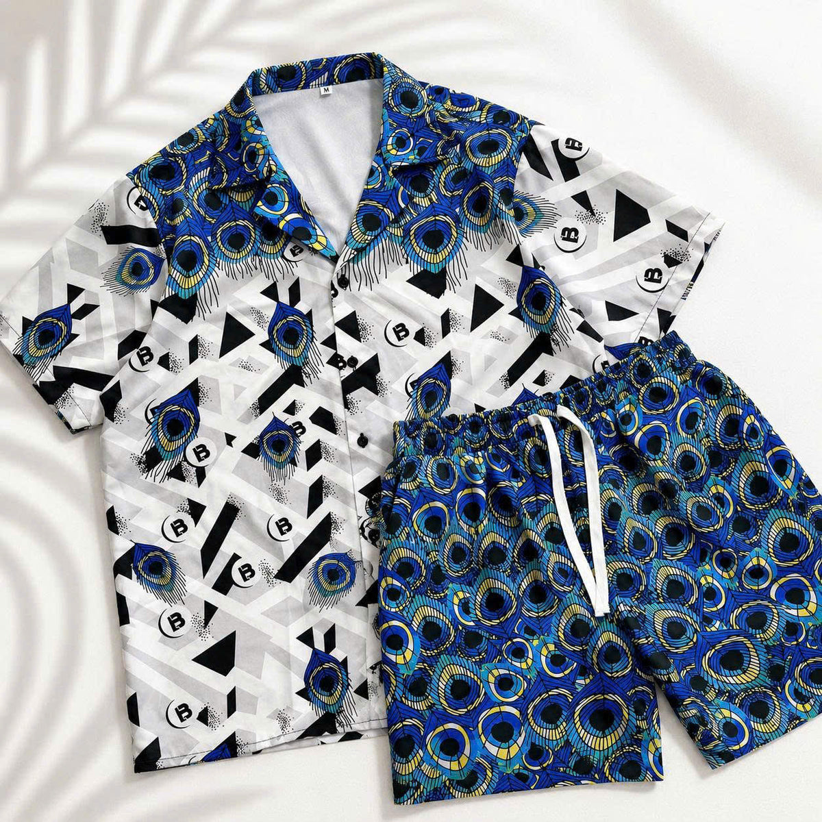 Set Áo Sơ Mi Và Quần Short Lụa Họa Tiết SMRBO-03 BEAVERTEE Form Oversize Unisex Nam Nữ, Thiết Kế Trắng Xanh Đen Họa Tiết Mắt Công Nổi Bật, Lụa Mềm Mịn Nhẹ Thoáng Mát