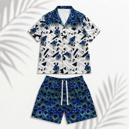 Set Áo Sơ Mi Và Quần Short Lụa Họa Tiết SMRBO-03 BEAVERTEE Form Oversize Unisex Nam Nữ, Thiết Kế Trắng Xanh Đen Họa Tiết Mắt Công Nổi Bật, Lụa Mềm Mịn Nhẹ Thoáng Mát