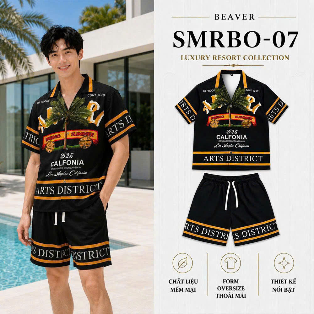 Set Áo Sơ Mi Và Quần Short Lụa Họa Tiết SMRBO-07 BEAVERTEE Form Oversize Unisex Nam Nữ, Thiết Kế Đen Cam Graphic California Summer Arts District Cá Tính, Lụa Mềm Mịn Nhẹ Thoáng Mát