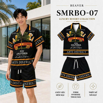 Set Áo Sơ Mi Và Quần Short Lụa Họa Tiết SMRBO-07 BEAVERTEE Form Oversize Unisex Nam Nữ, Thiết Kế Đen Cam Graphic California Summer Arts District Cá Tính, Lụa Mềm Mịn Nhẹ Thoáng Mát