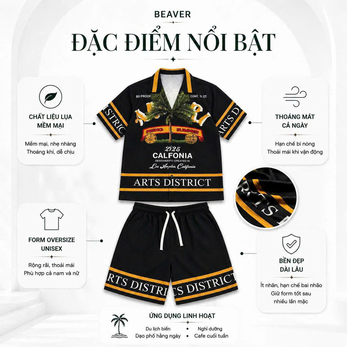 Set Áo Sơ Mi Và Quần Short Lụa Họa Tiết SMRBO-07 BEAVERTEE Form Oversize Unisex Nam Nữ, Thiết Kế Đen Cam Graphic California Summer Arts District Cá Tính, Lụa Mềm Mịn Nhẹ Thoáng Mát