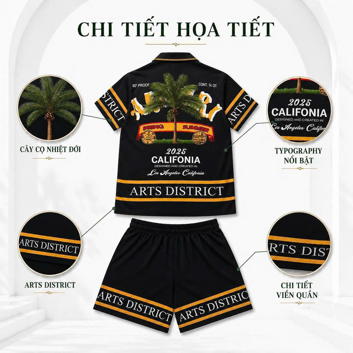 Set Áo Sơ Mi Và Quần Short Lụa Họa Tiết SMRBO-07 BEAVERTEE Form Oversize Unisex Nam Nữ, Thiết Kế Đen Cam Graphic California Summer Arts District Cá Tính, Lụa Mềm Mịn Nhẹ Thoáng Mát