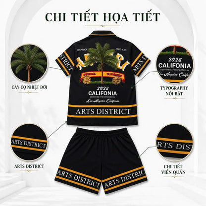 Set Áo Sơ Mi Và Quần Short Lụa Họa Tiết SMRBO-07 BEAVERTEE Form Oversize Unisex Nam Nữ, Thiết Kế Đen Cam Graphic California Summer Arts District Cá Tính, Lụa Mềm Mịn Nhẹ Thoáng Mát