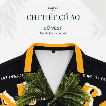 Set Áo Sơ Mi Và Quần Short Lụa Họa Tiết SMRBO-07 BEAVERTEE Form Oversize Unisex Nam Nữ, Thiết Kế Đen Cam Graphic California Summer Arts District Cá Tính, Lụa Mềm Mịn Nhẹ Thoáng Mát