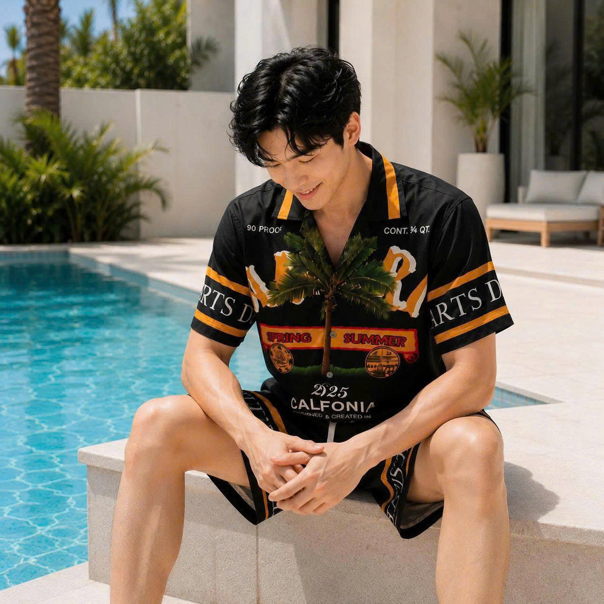Set Áo Sơ Mi Và Quần Short Lụa Họa Tiết SMRBO-07 BEAVERTEE Form Oversize Unisex Nam Nữ, Thiết Kế Đen Cam Graphic California Summer Arts District Cá Tính, Lụa Mềm Mịn Nhẹ Thoáng Mát
