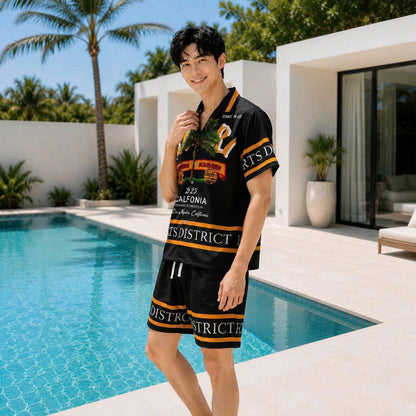 Set Áo Sơ Mi Và Quần Short Lụa Họa Tiết SMRBO-07 BEAVERTEE Form Oversize Unisex Nam Nữ, Thiết Kế Đen Cam Graphic California Summer Arts District Cá Tính, Lụa Mềm Mịn Nhẹ Thoáng Mát