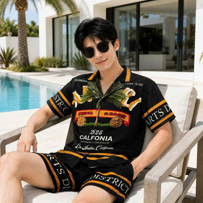 Set Áo Sơ Mi Và Quần Short Lụa Họa Tiết SMRBO-07 BEAVERTEE Form Oversize Unisex Nam Nữ, Thiết Kế Đen Cam Graphic California Summer Arts District Cá Tính, Lụa Mềm Mịn Nhẹ Thoáng Mát