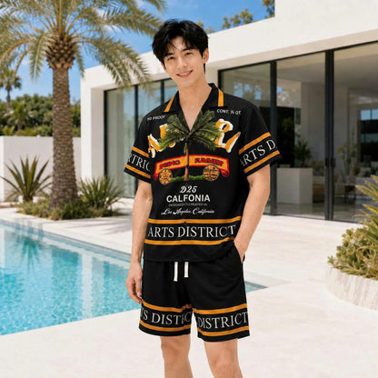 Set Áo Sơ Mi Và Quần Short Lụa Họa Tiết SMRBO-07 BEAVERTEE Form Oversize Unisex Nam Nữ, Thiết Kế Đen Cam Graphic California Summer Arts District Cá Tính, Lụa Mềm Mịn Nhẹ Thoáng Mát