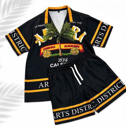 Set Áo Sơ Mi Và Quần Short Lụa Họa Tiết SMRBO-07 BEAVERTEE Form Oversize Unisex Nam Nữ, Thiết Kế Đen Cam Graphic California Summer Arts District Cá Tính, Lụa Mềm Mịn Nhẹ Thoáng Mát