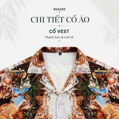 Set Áo Sơ Mi Và Quần Short Lụa Họa Tiết SMRBO-05 BEAVERTEE Form Oversize Unisex Nam Nữ, Thiết Kế Trắng Xanh Vàng Họa Tiết Tranh Nghệ Thuật Cổ Điển Nổi Bật, Lụa Mềm Mịn Nhẹ Thoáng Mát