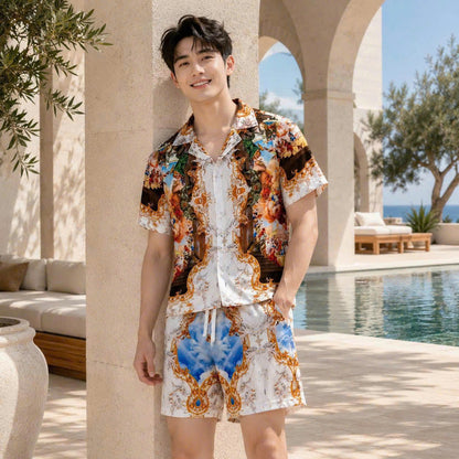 Set Áo Sơ Mi Và Quần Short Lụa Họa Tiết SMRBO-05 BEAVERTEE Form Oversize Unisex Nam Nữ, Thiết Kế Trắng Xanh Vàng Họa Tiết Tranh Nghệ Thuật Cổ Điển Nổi Bật, Lụa Mềm Mịn Nhẹ Thoáng Mát