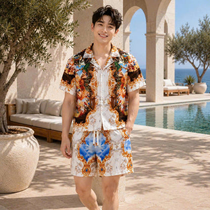 Set Áo Sơ Mi Và Quần Short Lụa Họa Tiết SMRBO-05 BEAVERTEE Form Oversize Unisex Nam Nữ, Thiết Kế Trắng Xanh Vàng Họa Tiết Tranh Nghệ Thuật Cổ Điển Nổi Bật, Lụa Mềm Mịn Nhẹ Thoáng Mát