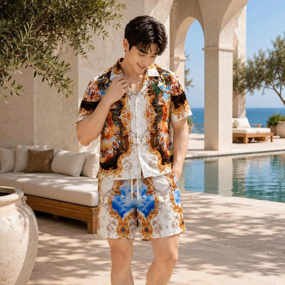 Set Áo Sơ Mi Và Quần Short Lụa Họa Tiết SMRBO-05 BEAVERTEE Form Oversize Unisex Nam Nữ, Thiết Kế Trắng Xanh Vàng Họa Tiết Tranh Nghệ Thuật Cổ Điển Nổi Bật, Lụa Mềm Mịn Nhẹ Thoáng Mát