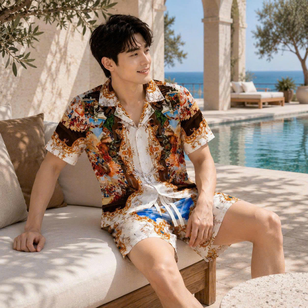 Set Áo Sơ Mi Và Quần Short Lụa Họa Tiết SMRBO-05 BEAVERTEE Form Oversize Unisex Nam Nữ, Thiết Kế Trắng Xanh Vàng Họa Tiết Tranh Nghệ Thuật Cổ Điển Nổi Bật, Lụa Mềm Mịn Nhẹ Thoáng Mát