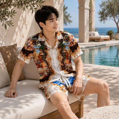 Set Áo Sơ Mi Và Quần Short Lụa Họa Tiết SMRBO-05 BEAVERTEE Form Oversize Unisex Nam Nữ, Thiết Kế Trắng Xanh Vàng Họa Tiết Tranh Nghệ Thuật Cổ Điển Nổi Bật, Lụa Mềm Mịn Nhẹ Thoáng Mát
