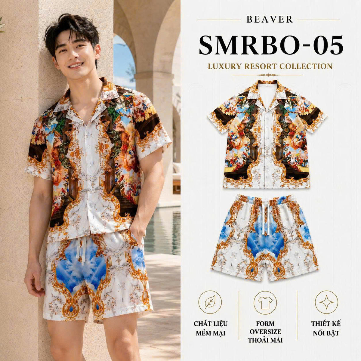 Set Áo Sơ Mi Và Quần Short Lụa Họa Tiết SMRBO-05 BEAVERTEE Form Oversize Unisex Nam Nữ, Thiết Kế Trắng Xanh Vàng Họa Tiết Tranh Nghệ Thuật Cổ Điển Nổi Bật, Lụa Mềm Mịn Nhẹ Thoáng Mát