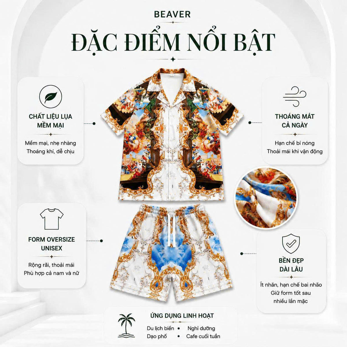 Set Áo Sơ Mi Và Quần Short Lụa Họa Tiết SMRBO-05 BEAVERTEE Form Oversize Unisex Nam Nữ, Thiết Kế Trắng Xanh Vàng Họa Tiết Tranh Nghệ Thuật Cổ Điển Nổi Bật, Lụa Mềm Mịn Nhẹ Thoáng Mát