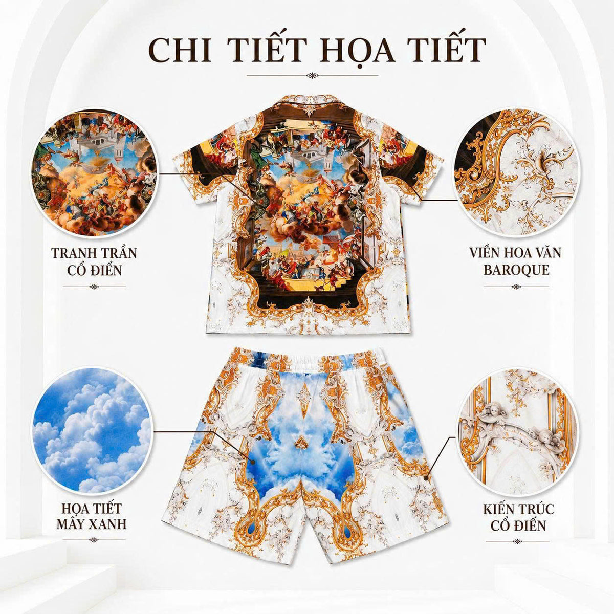 Set Áo Sơ Mi Và Quần Short Lụa Họa Tiết SMRBO-05 BEAVERTEE Form Oversize Unisex Nam Nữ, Thiết Kế Trắng Xanh Vàng Họa Tiết Tranh Nghệ Thuật Cổ Điển Nổi Bật, Lụa Mềm Mịn Nhẹ Thoáng Mát