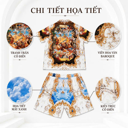 Set Áo Sơ Mi Và Quần Short Lụa Họa Tiết SMRBO-05 BEAVERTEE Form Oversize Unisex Nam Nữ, Thiết Kế Trắng Xanh Vàng Họa Tiết Tranh Nghệ Thuật Cổ Điển Nổi Bật, Lụa Mềm Mịn Nhẹ Thoáng Mát