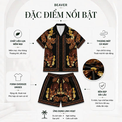 Set Áo Sơ Mi Và Quần Short Lụa Họa Tiết SMRBO-04 BEAVERTEE Form Oversize Unisex Nam Nữ, Thiết Kế Đen Nâu Họa Tiết Báo Hoa Lá Nổi Bật, Lụa Mềm Mịn Nhẹ Thoáng Mát