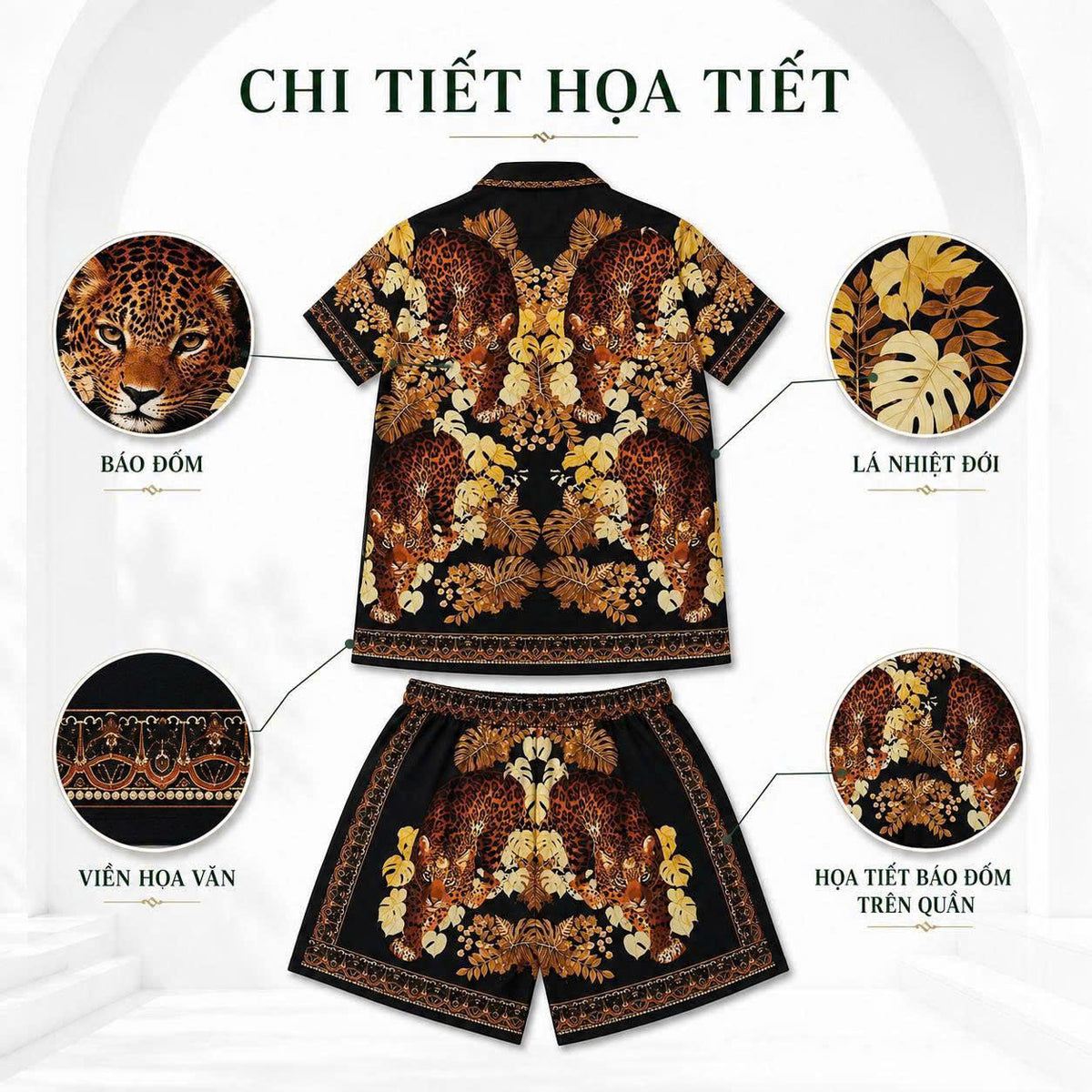 Set Áo Sơ Mi Và Quần Short Lụa Họa Tiết SMRBO-04 BEAVERTEE Form Oversize Unisex Nam Nữ, Thiết Kế Đen Nâu Họa Tiết Báo Hoa Lá Nổi Bật, Lụa Mềm Mịn Nhẹ Thoáng Mát