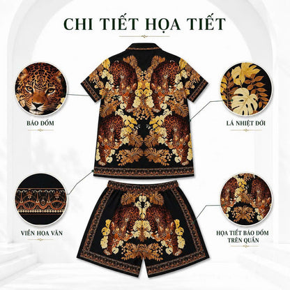 Set Áo Sơ Mi Và Quần Short Lụa Họa Tiết SMRBO-04 BEAVERTEE Form Oversize Unisex Nam Nữ, Thiết Kế Đen Nâu Họa Tiết Báo Hoa Lá Nổi Bật, Lụa Mềm Mịn Nhẹ Thoáng Mát