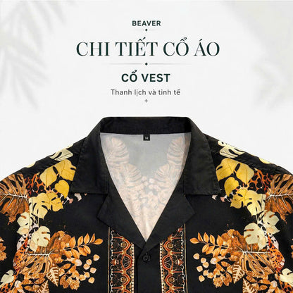 Set Áo Sơ Mi Và Quần Short Lụa Họa Tiết SMRBO-04 BEAVERTEE Form Oversize Unisex Nam Nữ, Thiết Kế Đen Nâu Họa Tiết Báo Hoa Lá Nổi Bật, Lụa Mềm Mịn Nhẹ Thoáng Mát