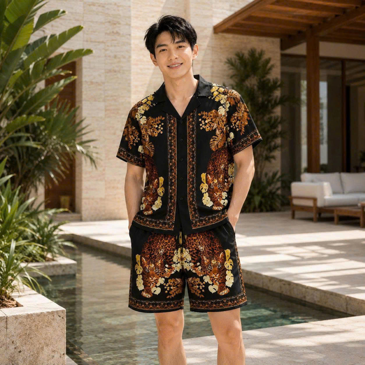Set Áo Sơ Mi Và Quần Short Lụa Họa Tiết SMRBO-04 BEAVERTEE Form Oversize Unisex Nam Nữ, Thiết Kế Đen Nâu Họa Tiết Báo Hoa Lá Nổi Bật, Lụa Mềm Mịn Nhẹ Thoáng Mát